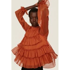 Adam Lippes Blouse Womens 6 Orange Tiered Ruffle Top Chiffon Mock Neck
